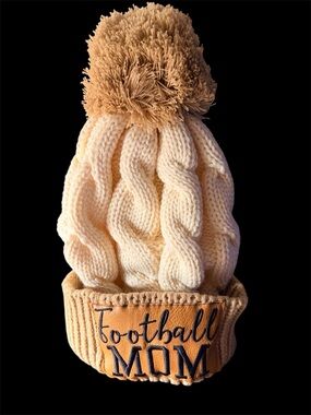Mom life hats Cream Cable Knit 'Football Mom' Pom Beanie